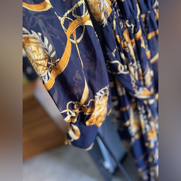 Fashion nova dress; small; navy blue w. gold design. Long sleeve maxi - Picture 7 of 7